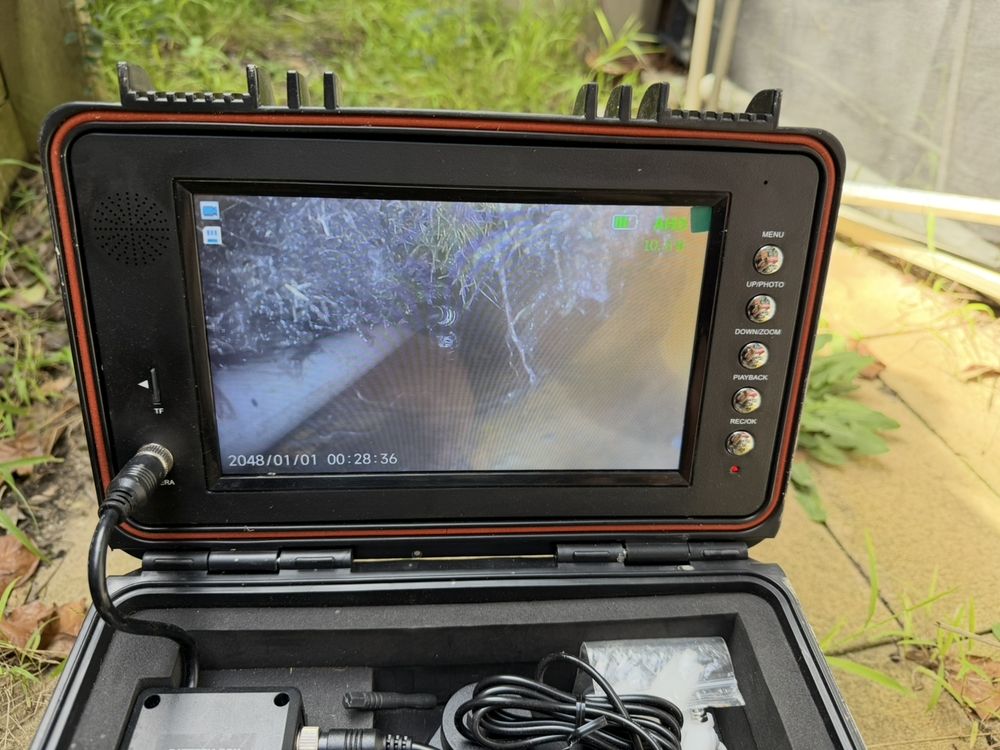 CCTV drain camera monitor showing the live view inside an underground stormwater drain during an inspection in Scoresby