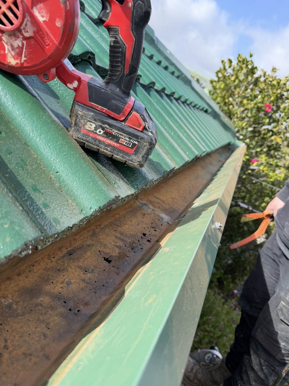 Close-up of rusted, corroded gutter section in Narre Warren before waterproof coating repair